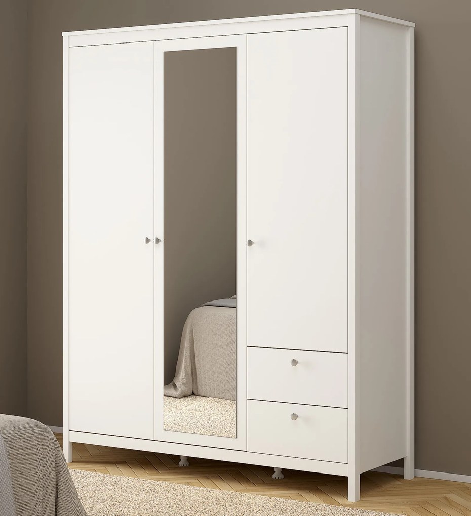 Trzydrzwiowa szafa z lustrem i szufladami Madrid, biały mat