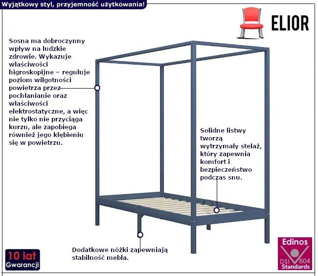 Szare pojedyncze łóżko z baldachimem 100x200cm - Calma