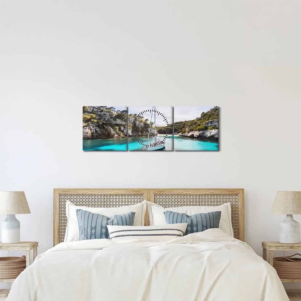 Obraz - Plaża z żaglówką (z zegarem) (90x30 cm)