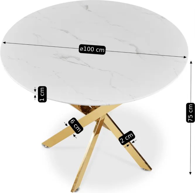 Stół Okrągły Szklany BALI 100 cm Biały Marmur/Złoty Glamour