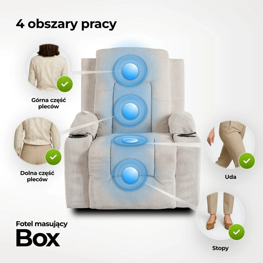 Fotel Masujący BOX 2 Rozkładany z Podnóżkiem Kremowy Nowoczesny