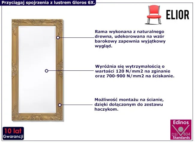 Prostokątne lustro w złotej ramie - Gloros 6X