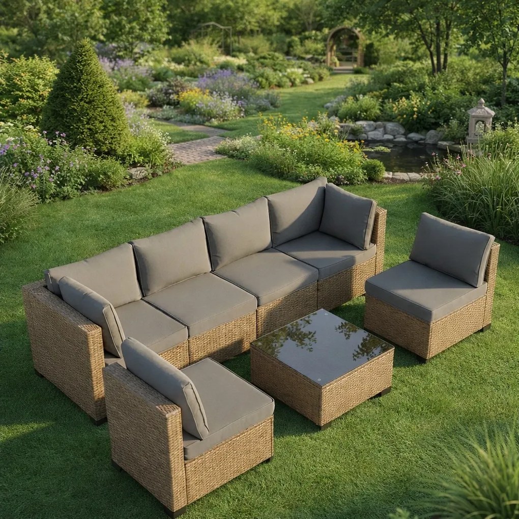 Modułowy narożnik ogrodowy Caldoro technorattan, naturalny, poduszki szare