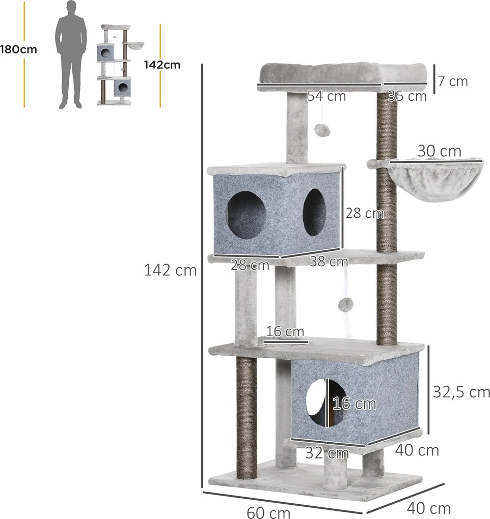 PawHut Drapak dla Kota Szary z 2 Domkami Platformami i Kula do Zabawy 60x40x142cm Bezpieczny i Stabilny | Aosom PL