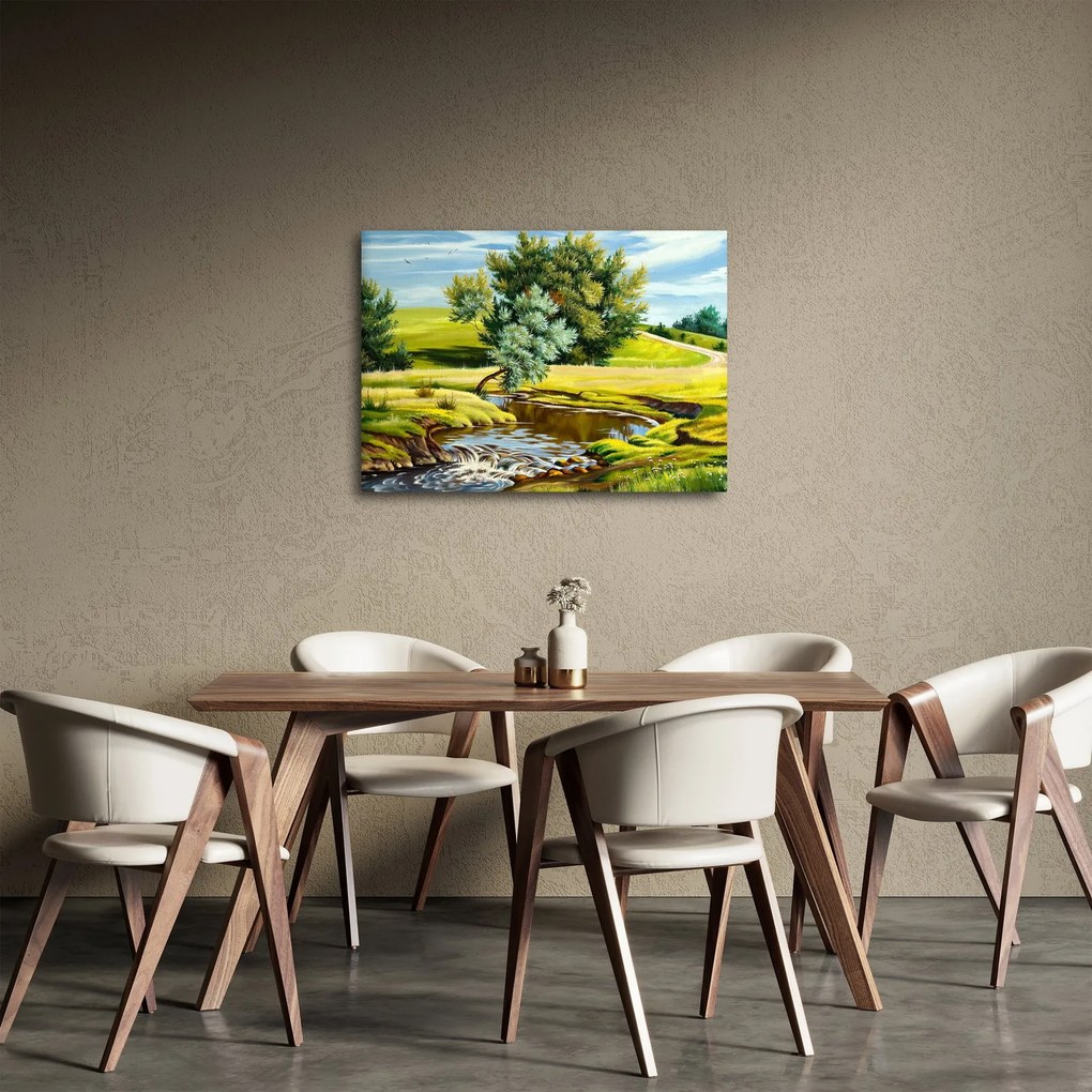 Obraz - rzeka między łąkami, obraz olejny (70x50 cm)
