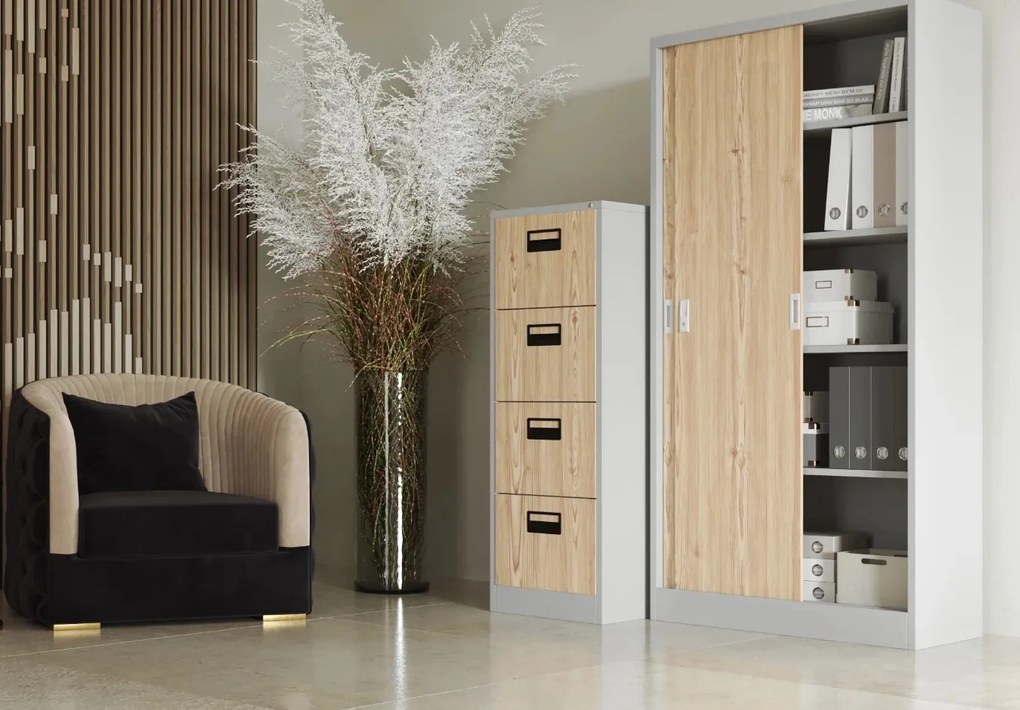 Przesuwna szafa biurowa Eco Design Kuba 90x40x185 cm biały/dąb sonoma