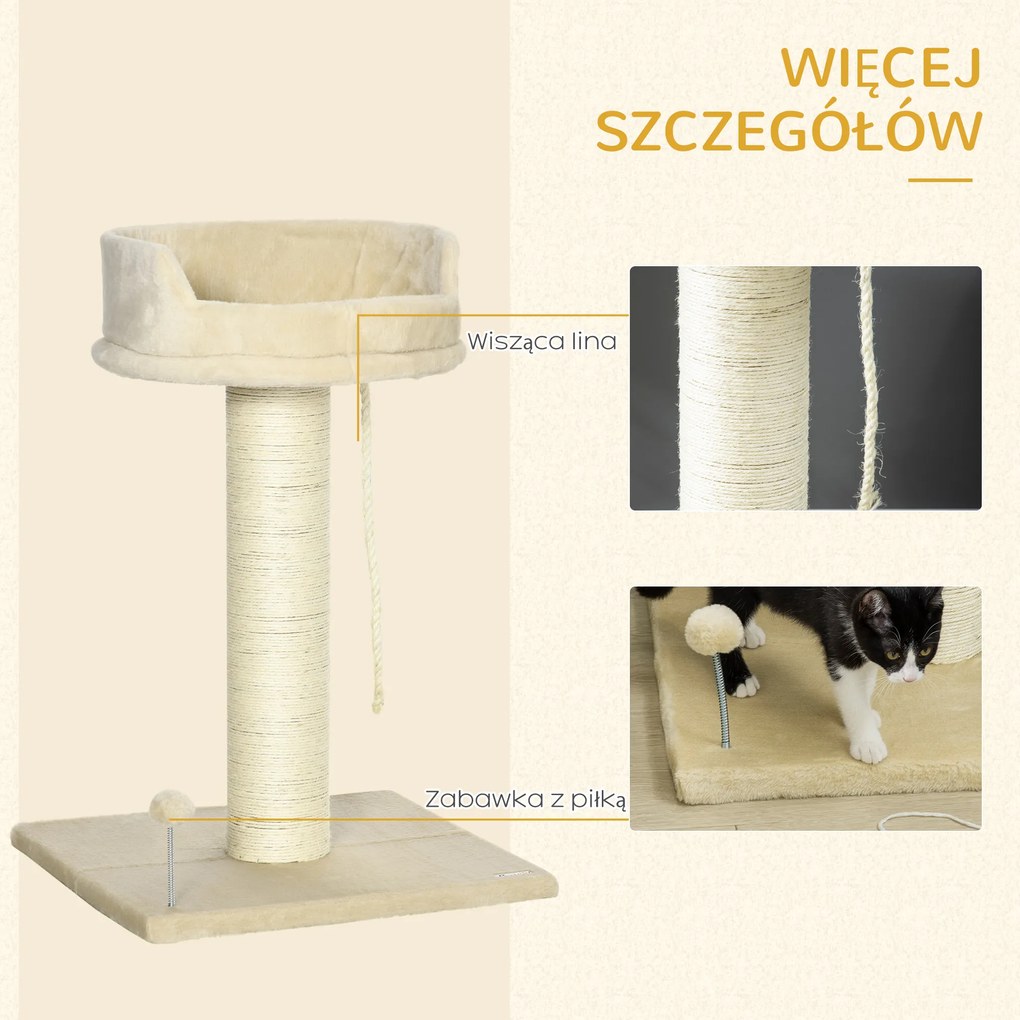 PawHut Drapak Leżanka dla Kota Zabawka Beżowy Komfortowy i Rozrywkowy 55x55x83cm | Aosom PL