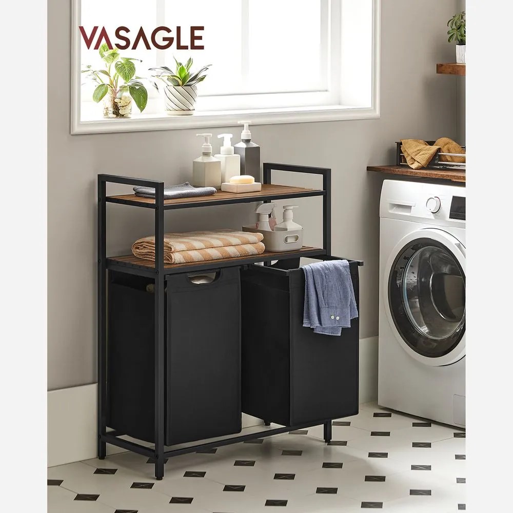 Kosz na bieliznę z 2 półkami BERGEN, 2x46l, czarna/brązowa Vasagle