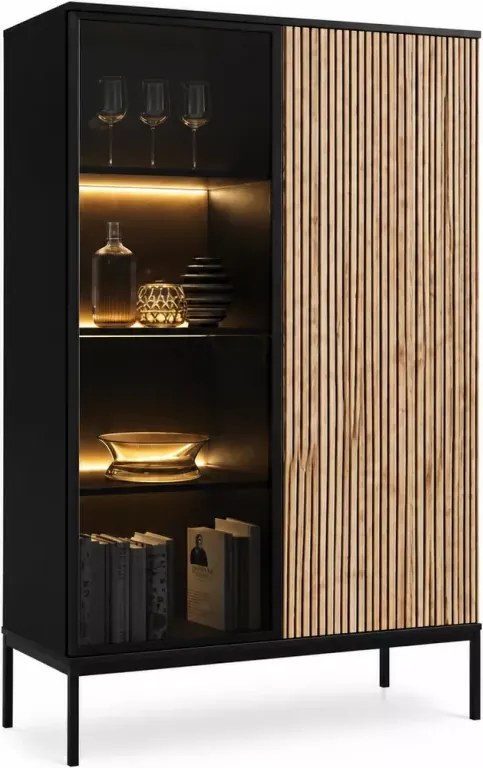 Witryna Shark 104x166 cm LED push to open MDF szkło hartowane stal kaszmir, czarny/dąb wotan