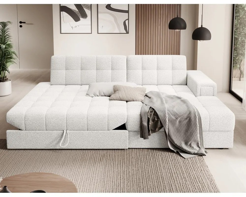 Kremowy rozkładany narożnik z materiału bouclé (prawostronny/z szezlongiem) Blezalt – ELTAP