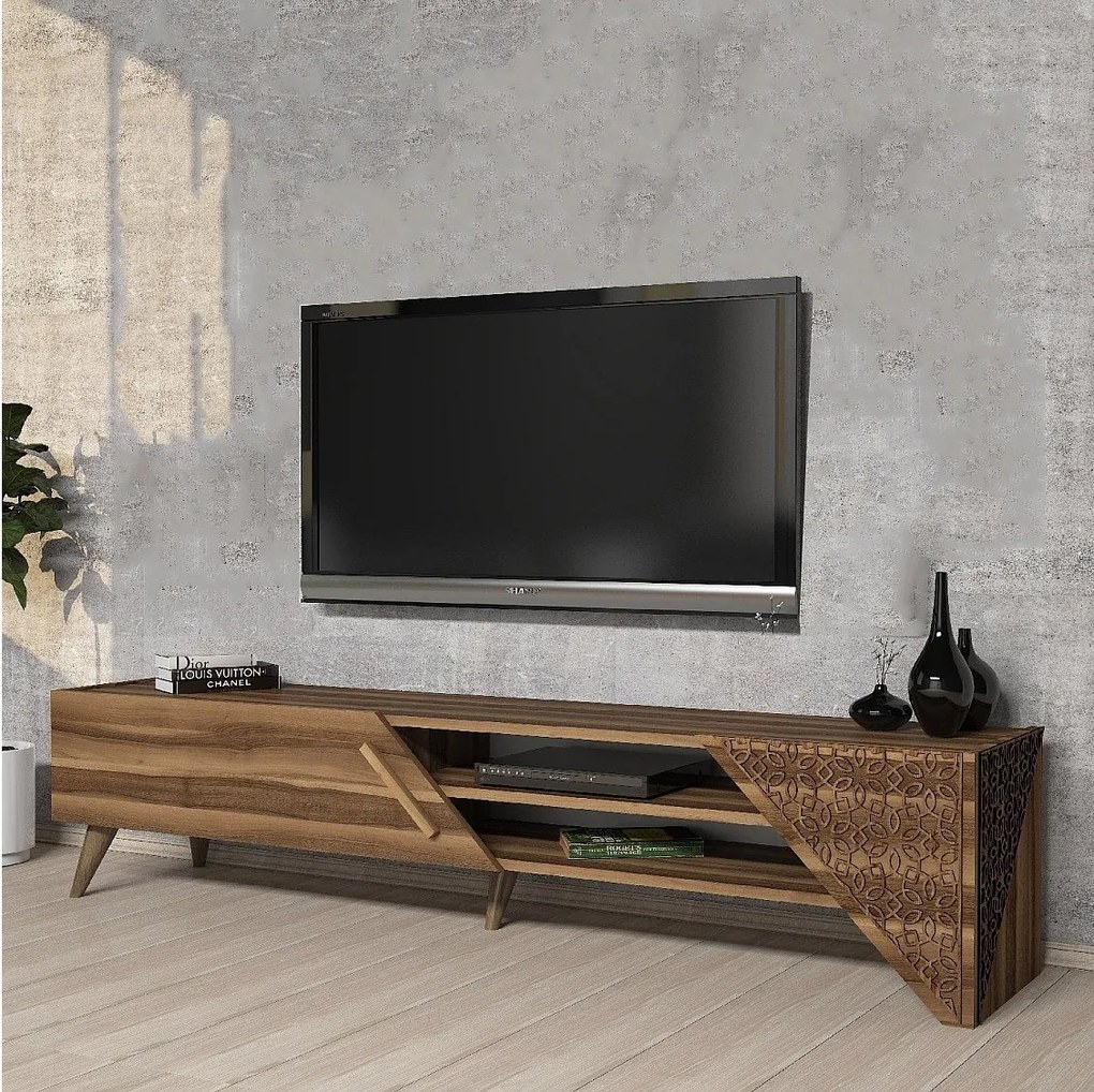 Elegancka szafka pod telewizor – 180 cm x 37 cm x 40 cm – orzech – płyta wiórowa pokryta melaminą