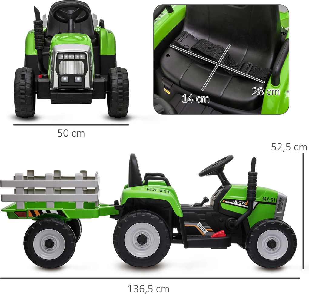 HOMCOM Elektryczne Auto dla Dzieci, Traktor z Przyczepą i Pilotem, Maksymalna Prędkość 6 km/h, Zielony + Czarny | Aosom PL