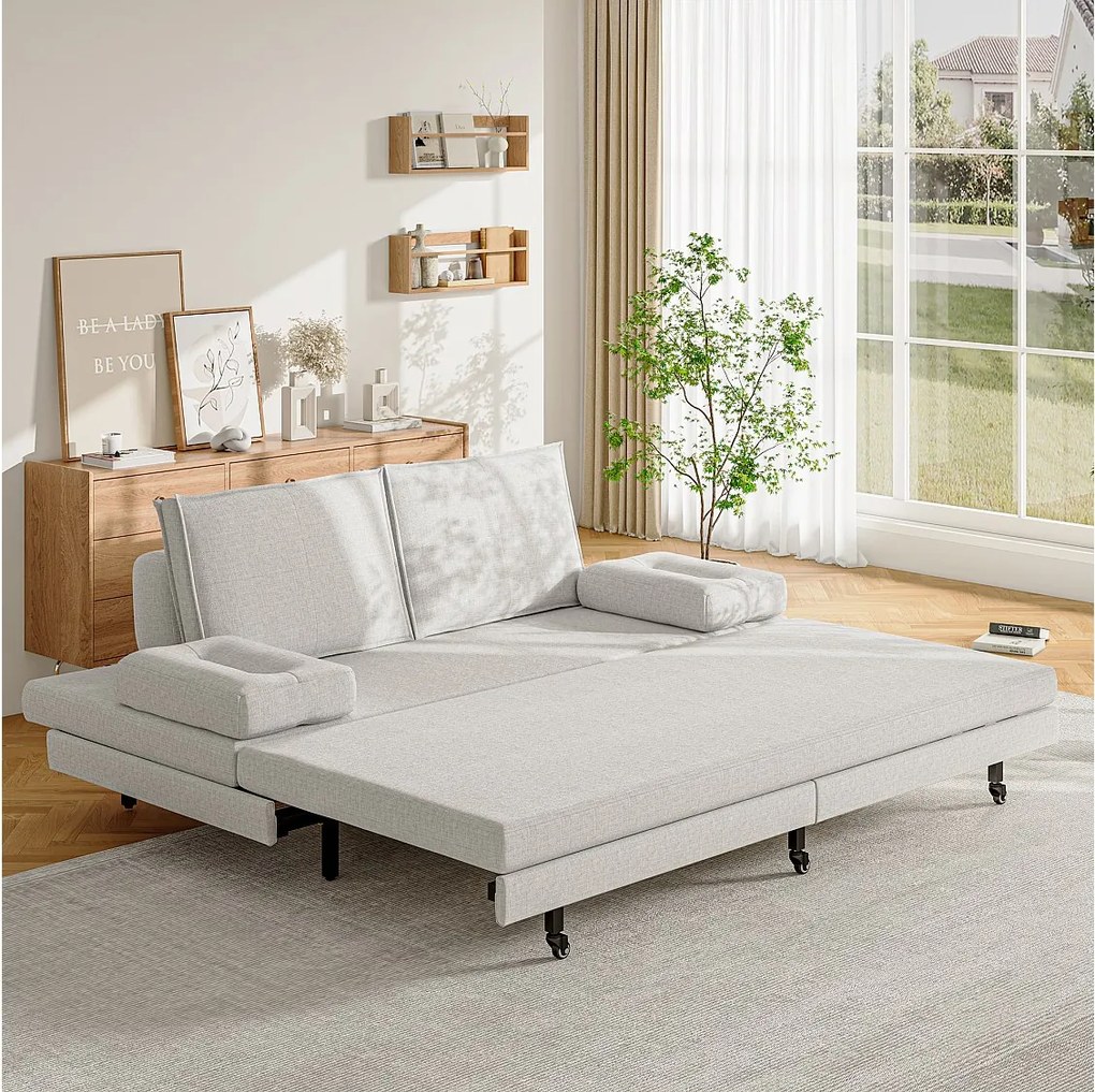 Rozkładana sofa 90×200 cm w białej tkaninie, z możliwością przekształcenia w łóżko 180×200 cm – nowoczesny design i oszczędność miejsca