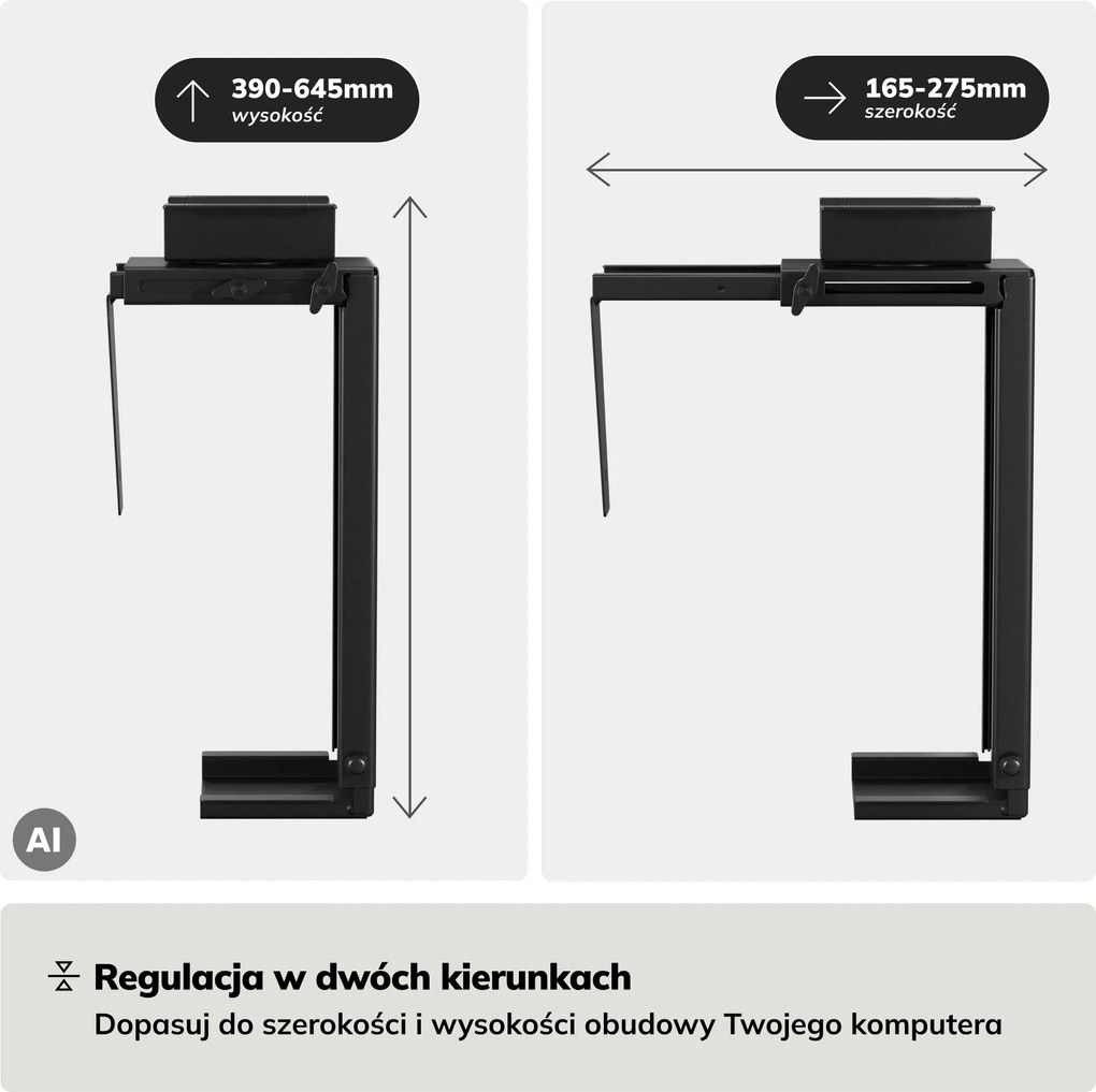 Uchwyt na komputer pod biurko, regulowany, metalowy, czarny: PC HOLDER