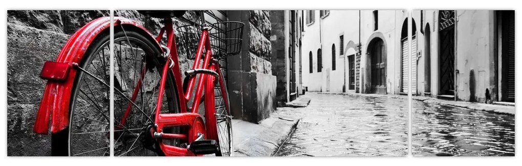 Obraz czerwonego roweru na brukowanej uliczce (170x50 cm)