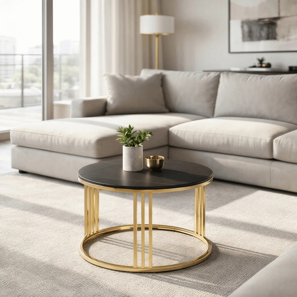 Stolik Kawowy Ceramiczny KORIN 70 cm Czarny Marmur/Złoty Glamour Nowoczesny