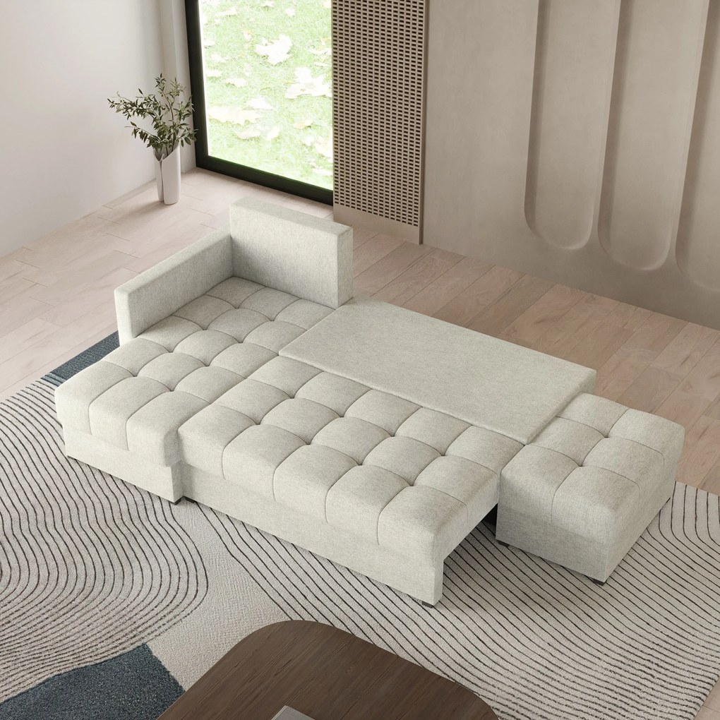 Masseno Narożnik LUMARI z funkcją spania i pojemnikiem na pościel Narozniki L, Rozkładana sofa - Kremowy, NEVE 02