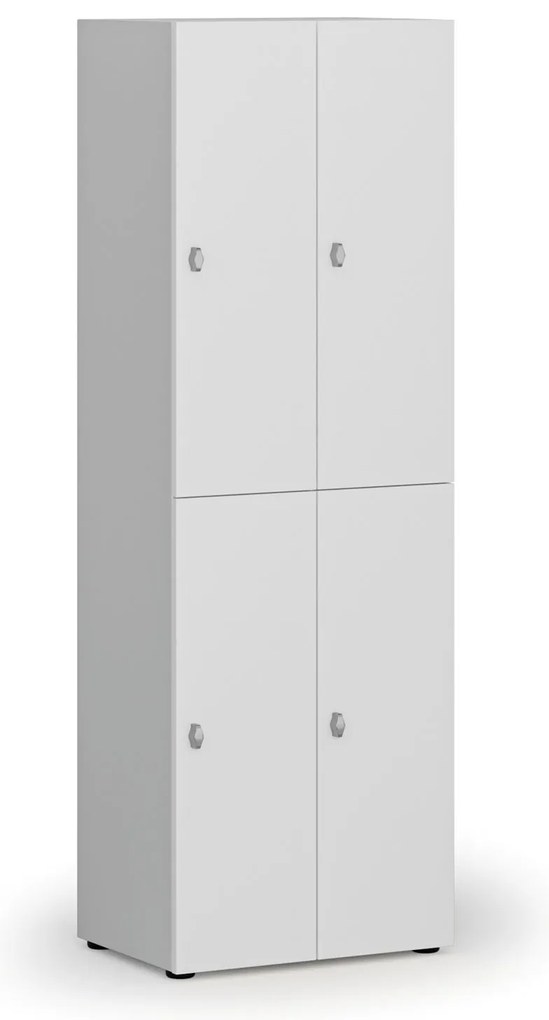 Drewniana szafka skrytkowa S4, 4 schowki, demontaż, zamek obrotowy, szary/biały