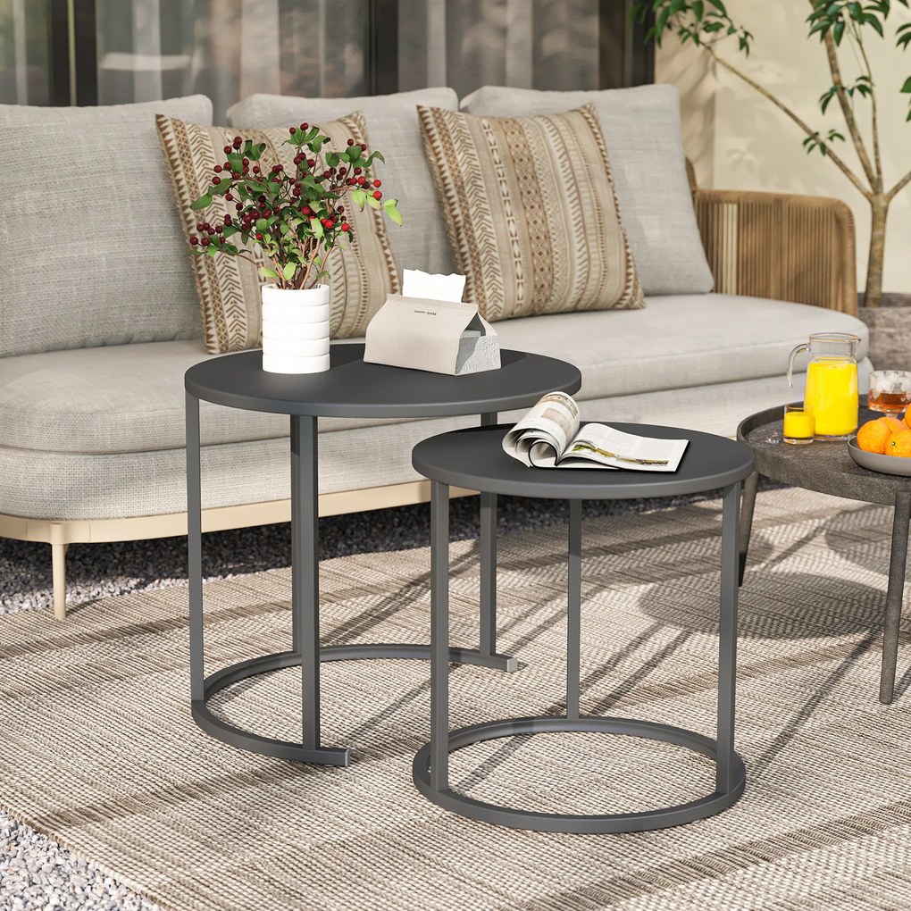 Outsunny 2-osobowy zestaw stolików bocznych, stolik ogrodowy okrągły, odporny na warunki pogodowe, stolik balkonowy ze stali, oszczędzający miejsce Ciemnoszary