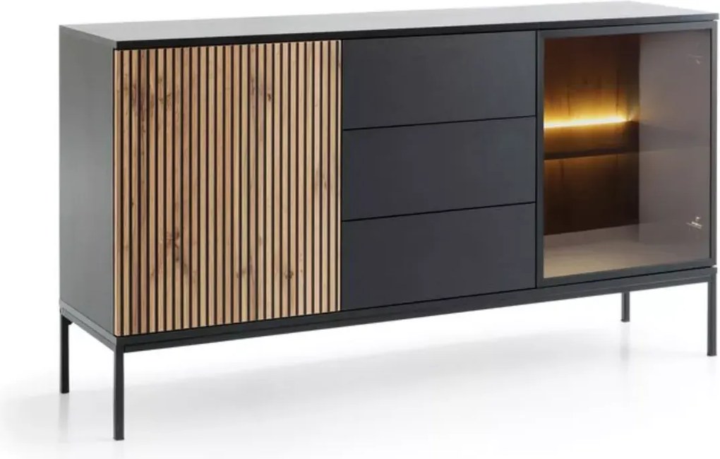 Komoda Shark 154 LED nowoczesna loft szafka do salonu jadalni czarna kaszmir dąb wotan push to open