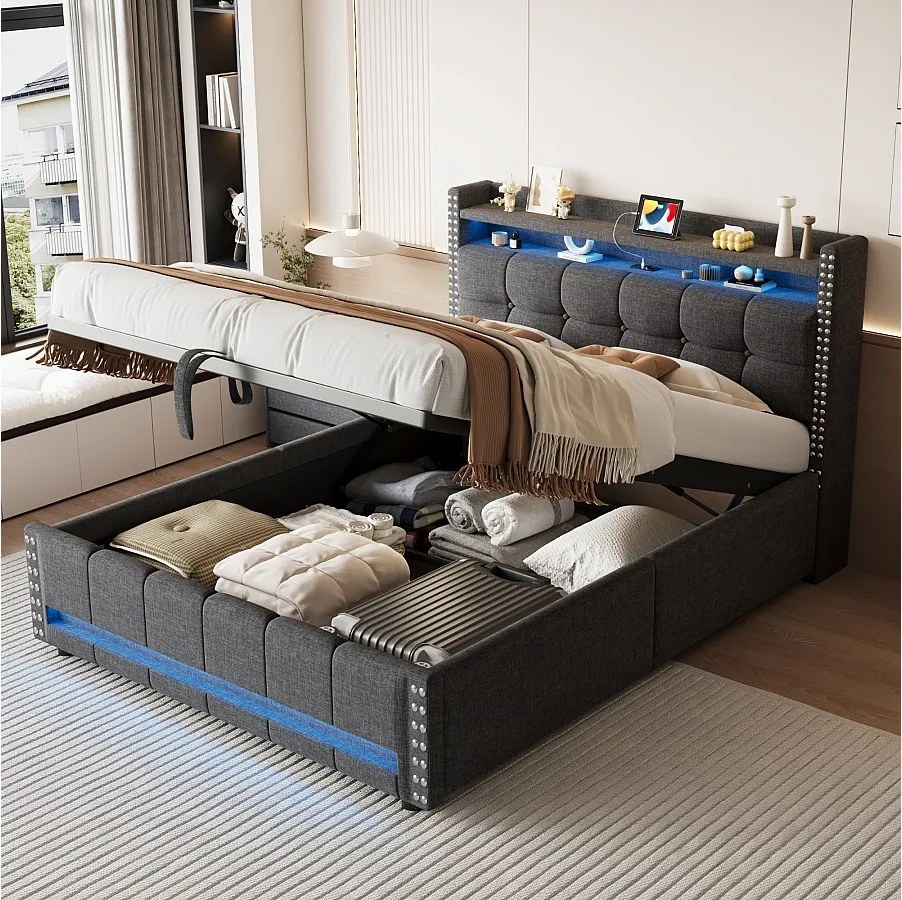 Łóżko ze schowkiem 140 x 200 cm z zagłówkiem i półkami - LED + port USB - Tkanina lniana - Szare (bez materaca)