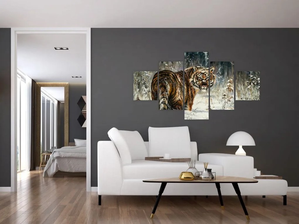 Obraz - Tygrys w zaśnieżonym lesie, obraz olejny (125x70 cm)