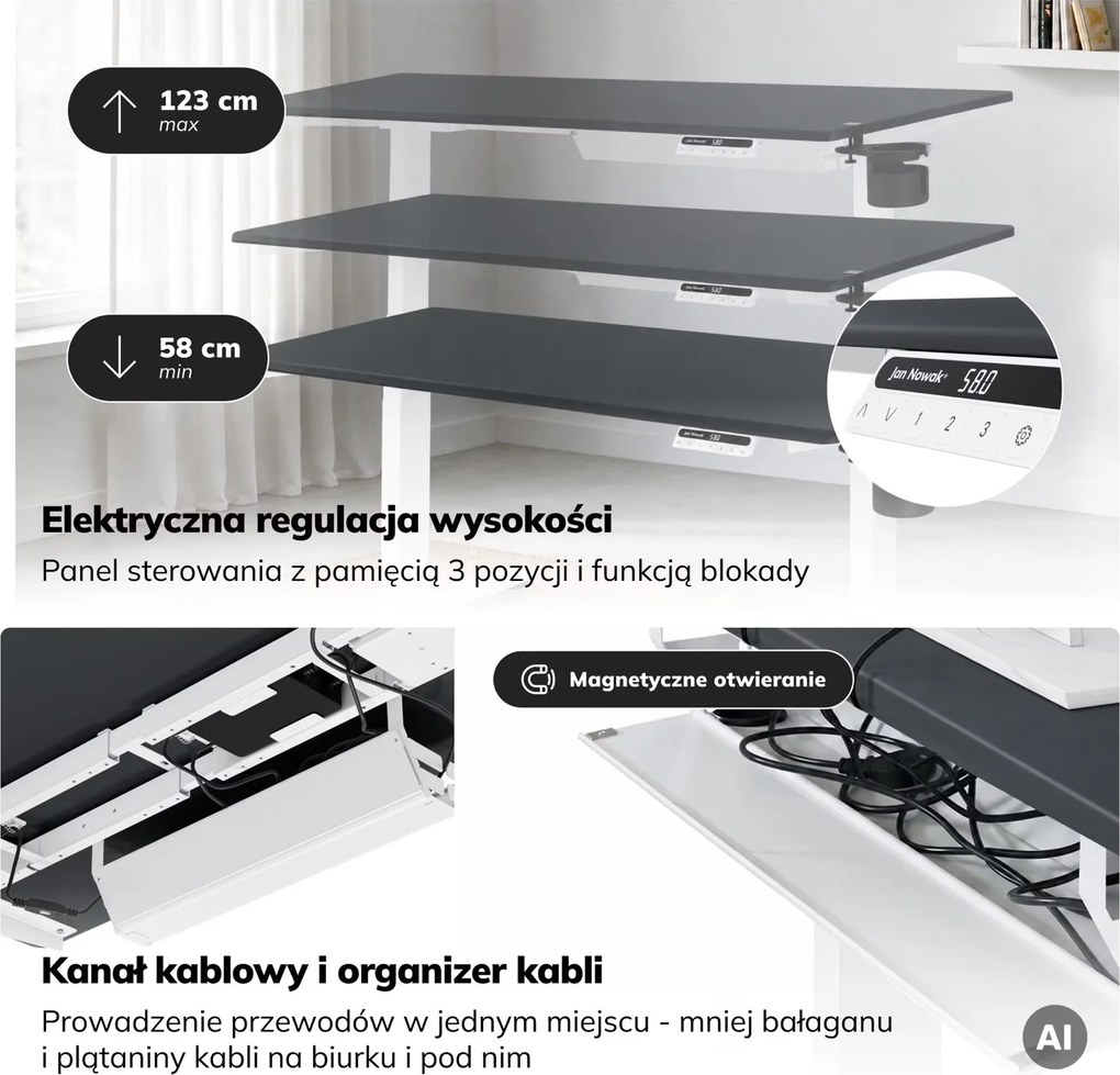 Biurko do pracy na stojąco i siedząco Aria 140×70 cm, blat antracyt/podstawa biała
