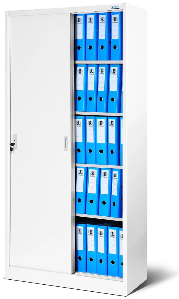 Biurowa szafa metalowa z drzwiami przesuwnymi KUBA, 900 x 1850 x 400 mm, biała