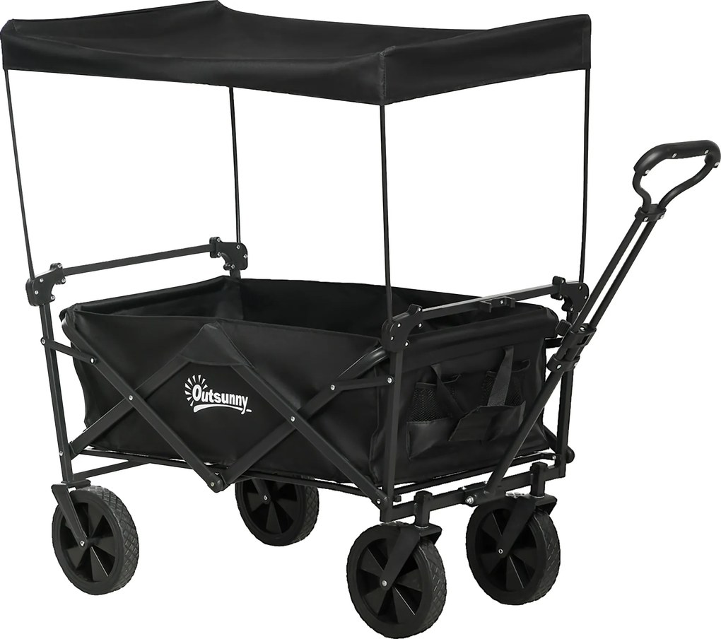 Outsunny Wózek Składany z Dachem, Wózek Transportowy z Uchwytem, Wózek Ogrodowy z Torbą, Wytrzymałość do 100 kg, Oxford, Czarny