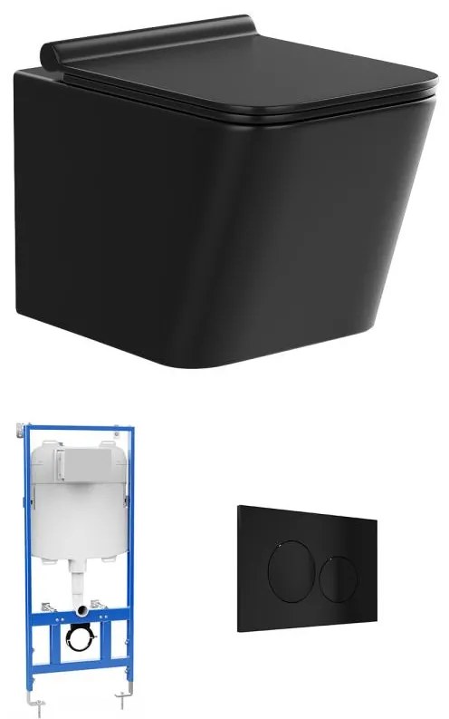 Podwieszana ceramiczna toaleta w kolorze czarny mat z możliwością instalacji na stelażu i okrągłym przyciskiem spłuczki - CLEMONA