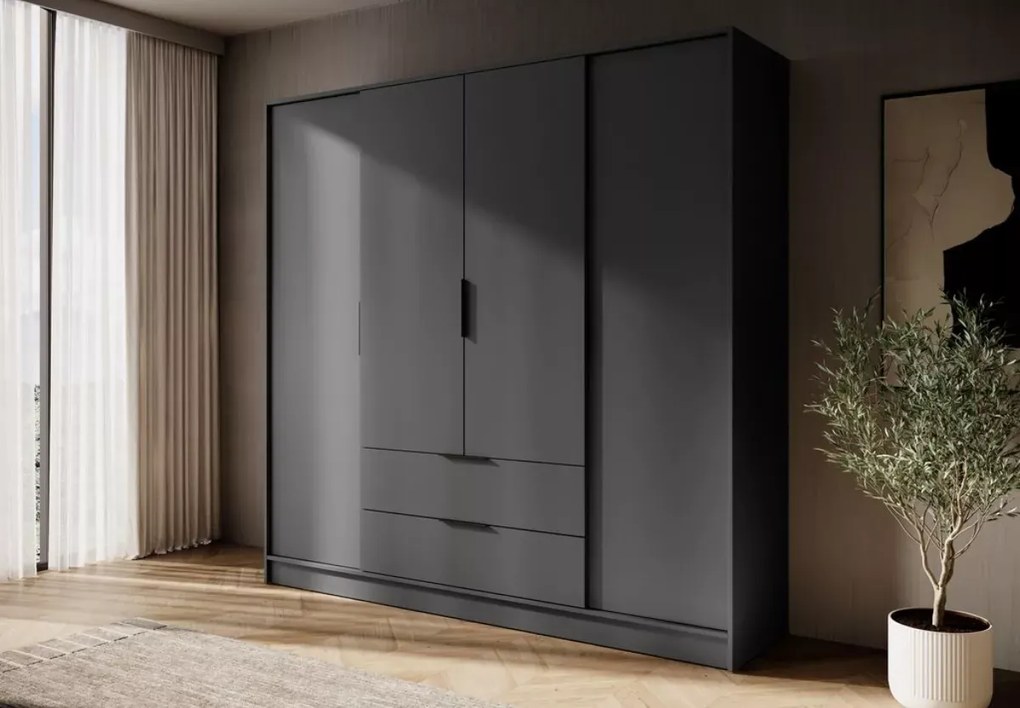 Szafa czterodrzwiowa uchylna Tetrix 206cm szuflady półki drążek