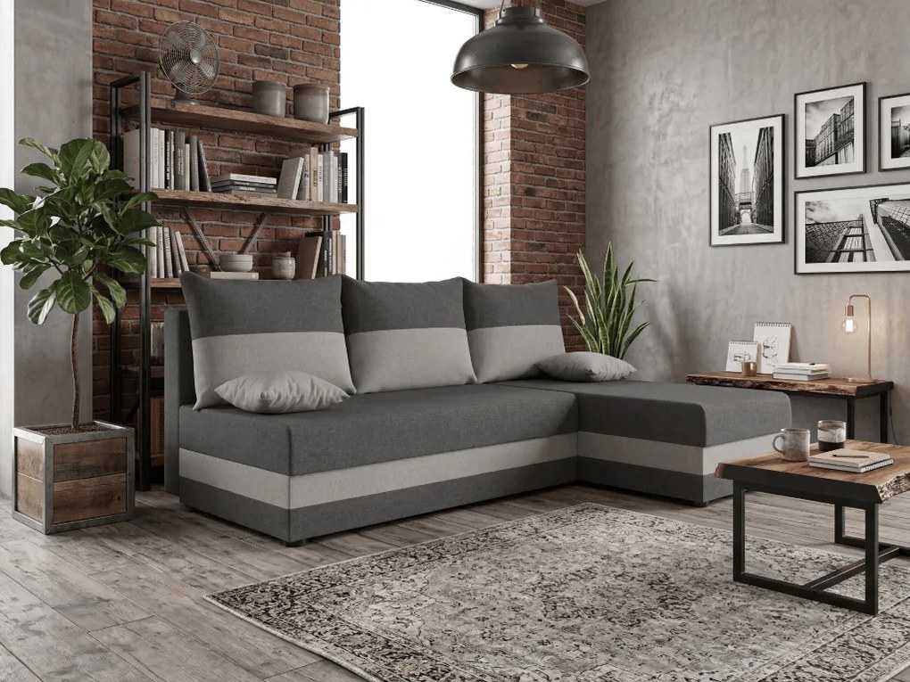 Rozkładana narożna sofa VALERIO SLIM 200x140 cm, ciemnoszara/jasnoszara, uniwersalna + 2 pod
