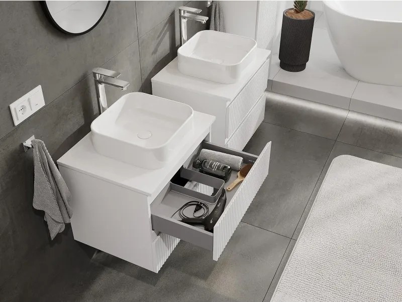 Mexen Rivel szafka łazienkowa podumywalkowa 60 cm z blatem, 2 szuflady, ryflowana , biała mat - 91A20-06047-2-BFFC01