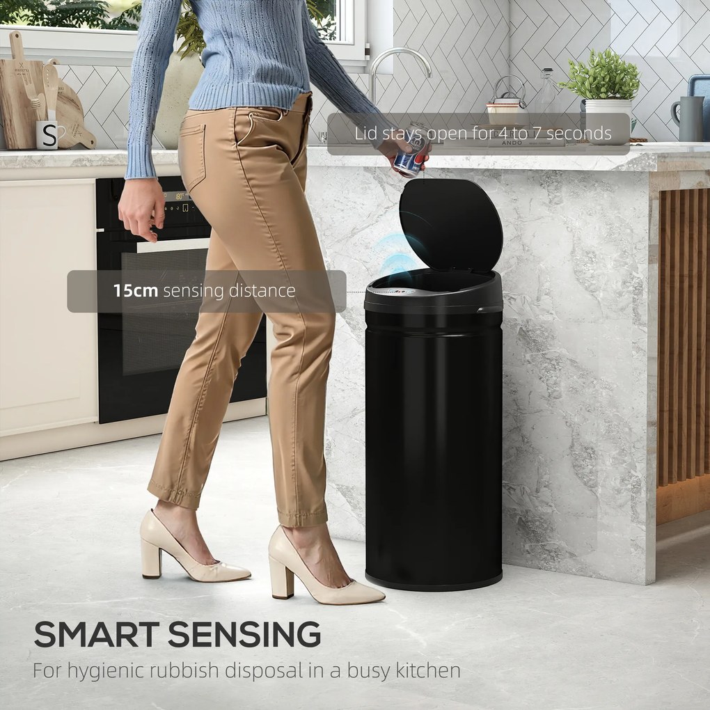 HOMCOM Kosz na śmieci z czujnikiem 42 L z funkcją Soft-Close, bezdotykowy kosz ze stali nierdzewnej idealny do higienicznych kuchni.