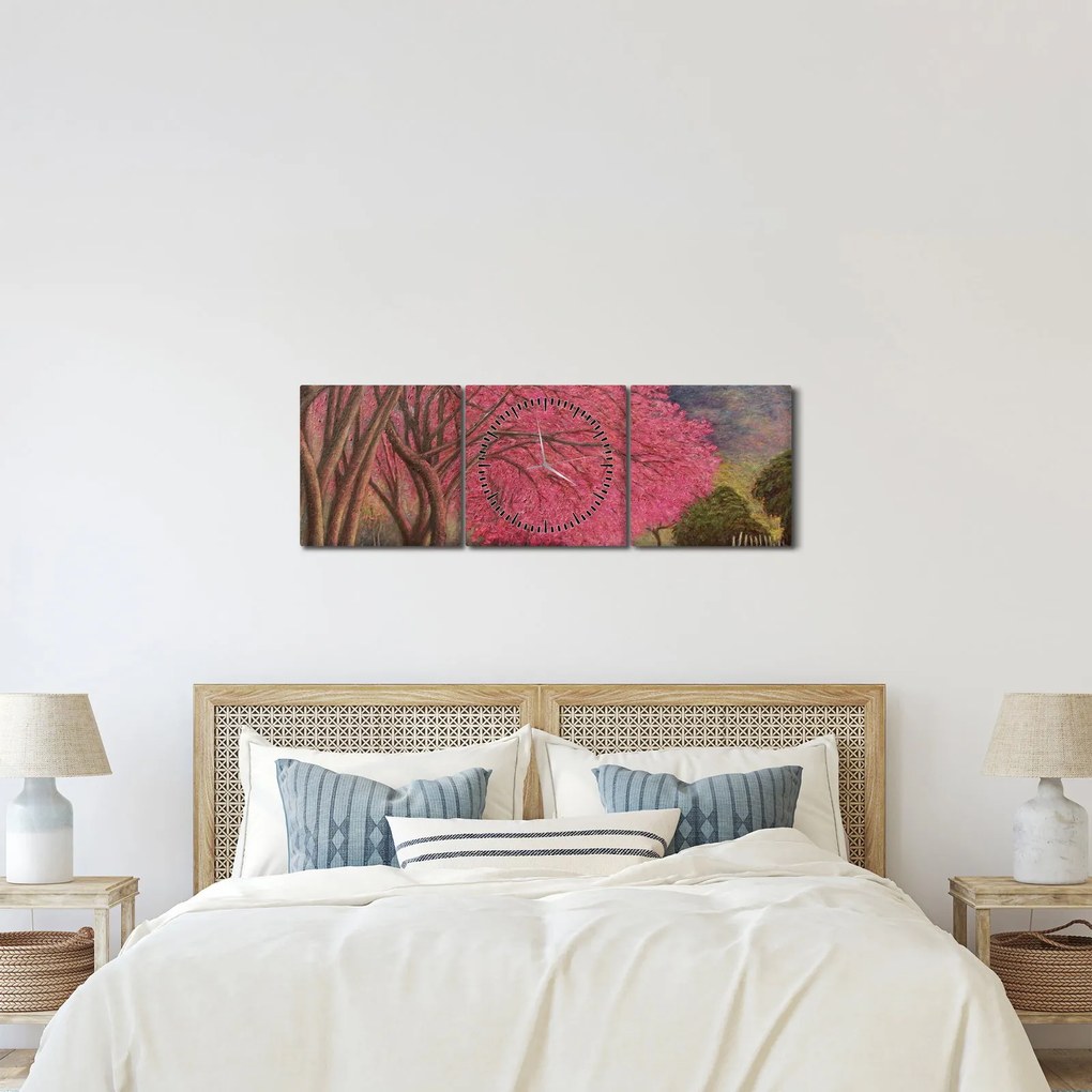 Obraz kwitnących drzew (z zegarem) (90x30 cm)