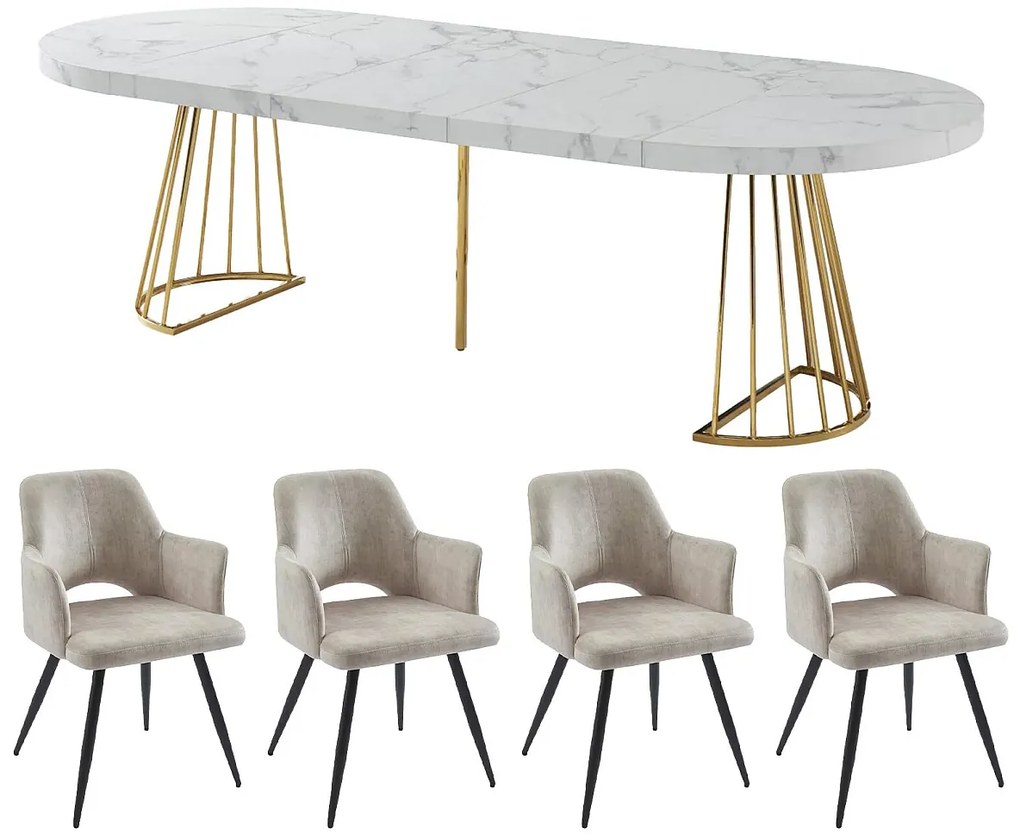 Zestaw stół FIRELA + 4 krzesła KADIJA - Efekt białego marmuru i beżowy