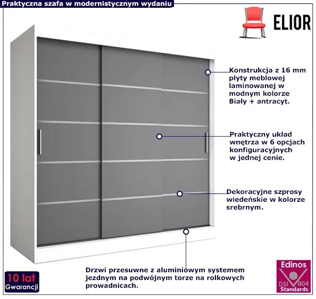 Szafa przesuwna biały + antracyt 200 cm - Livia 6X