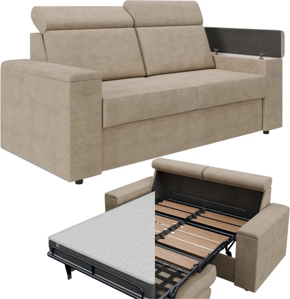 Sofa - kanapa do spania Volta 140x200 cm, z pojemnikami, materacem i stelażem włoskim