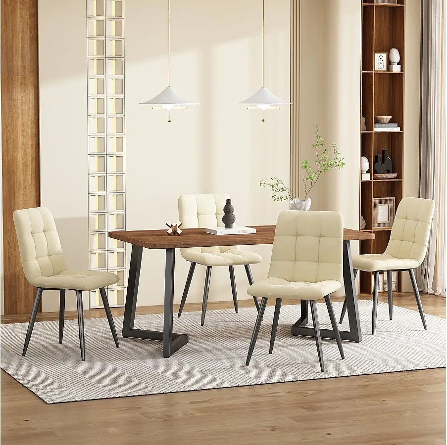 Zestaw do jadalni, stół-140×80×75cm z 4 krzesłami, MDF+metal+aksamit, czarny+orzech+beż