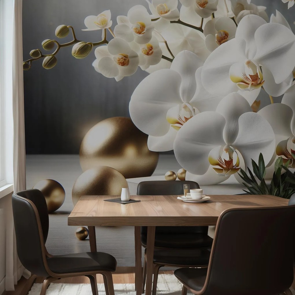 Fototapeta - Orchidea i złote kulki (196x136 cm)