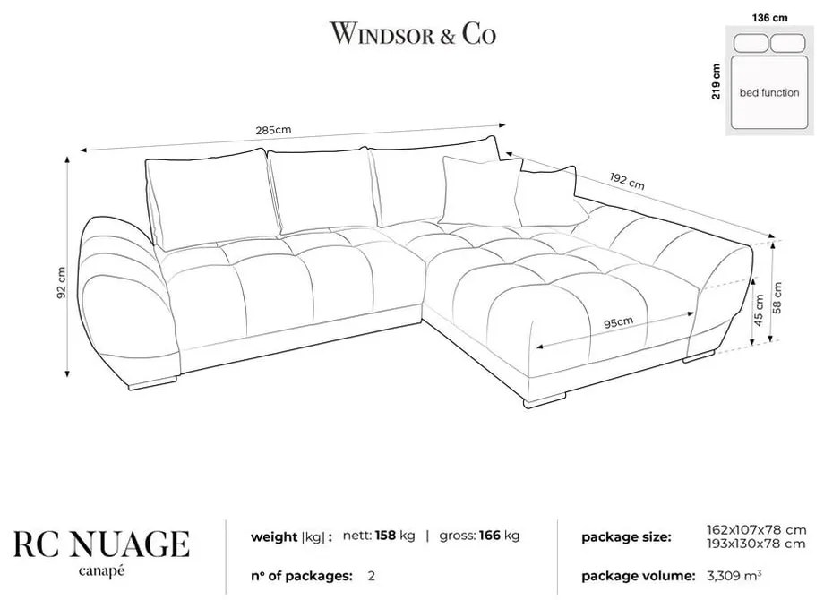 Beżowy rozkładany narożnik z aksamitnym obiciem Windsor &amp; Co Sofas Nuage, prawostronny