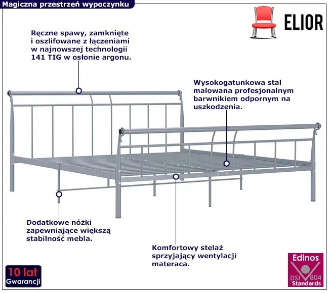 Szare metalowe łóżko małżeńskie 180x200 cm - Ventano