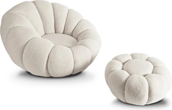 Fotel Wypoczynkowy Obrotowy PETTIT Kremowy z Pufą w Tkaninie Teddy Boucle