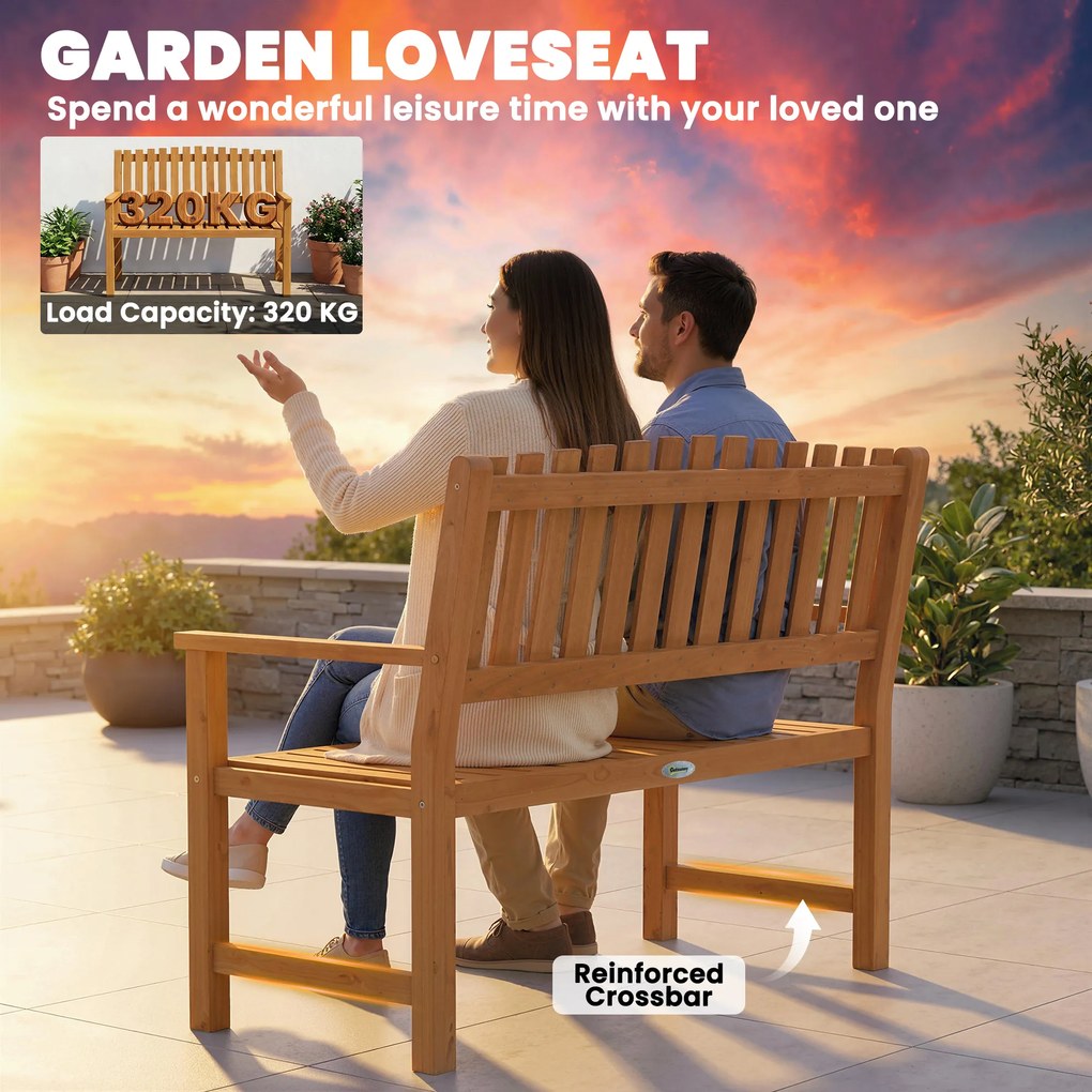 Outsunny Ławka ogrodowa 2-osobowa, odporna na warunki atmosferyczne, drewniana ławka z lamelowym designem i podłokietnikami, do 320 kg, 112 x 64 x 92 cm, naturalne drewno | Aosom PL
