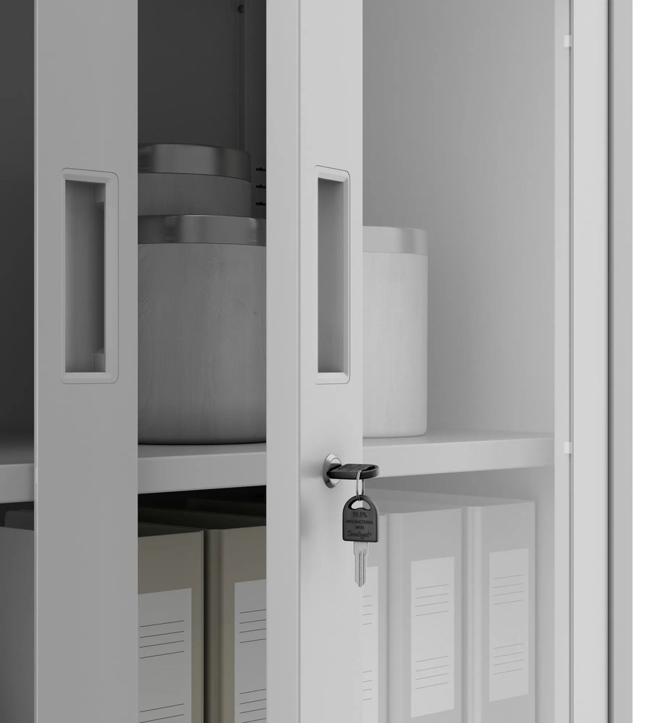 Szafa biurowa metalowa z sejfem, szklane drzwi, szara, 900x1850x400 mm: FILIP