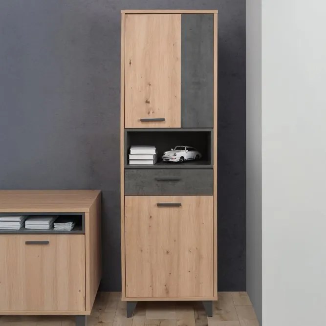 Regał młodzieżowy z 2 szafkami Raven 715, dąb artisan/beton
