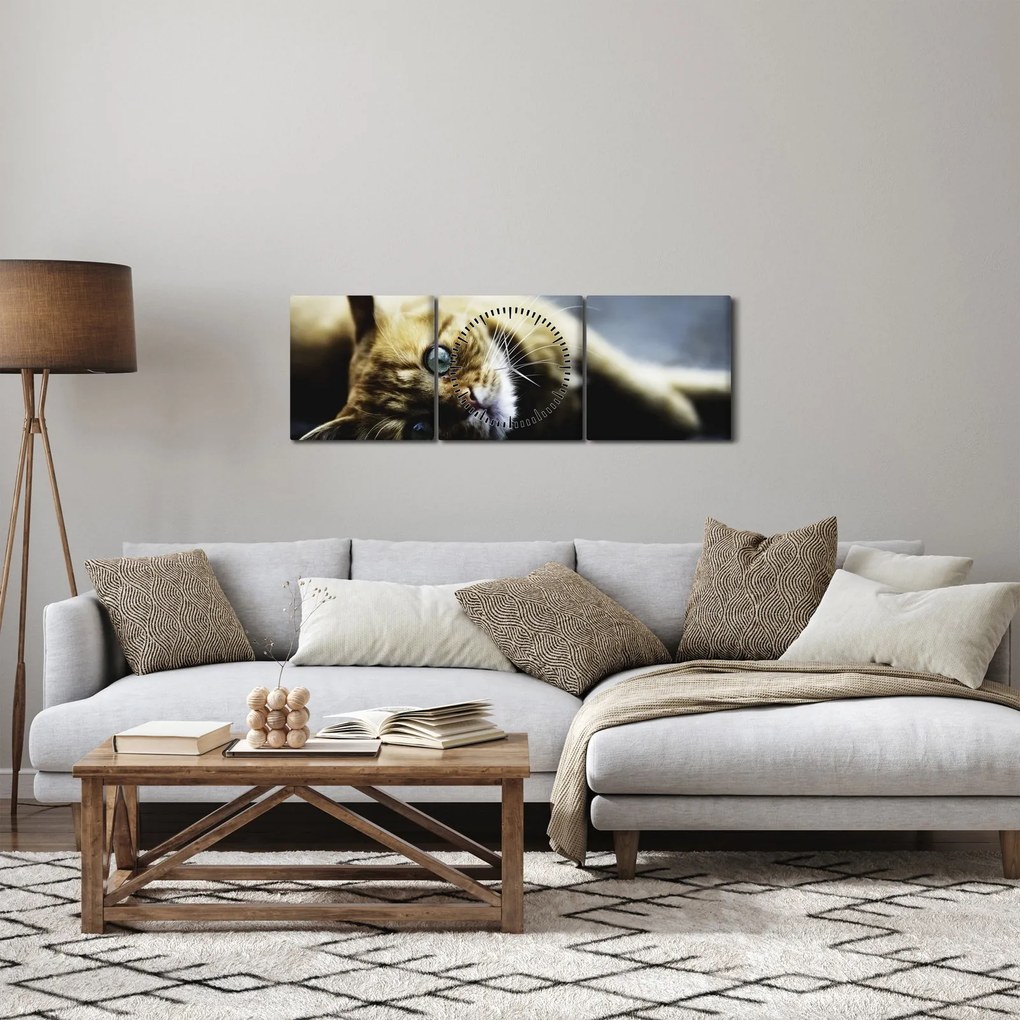 Obraz kota (z zegarem) (90x30 cm)