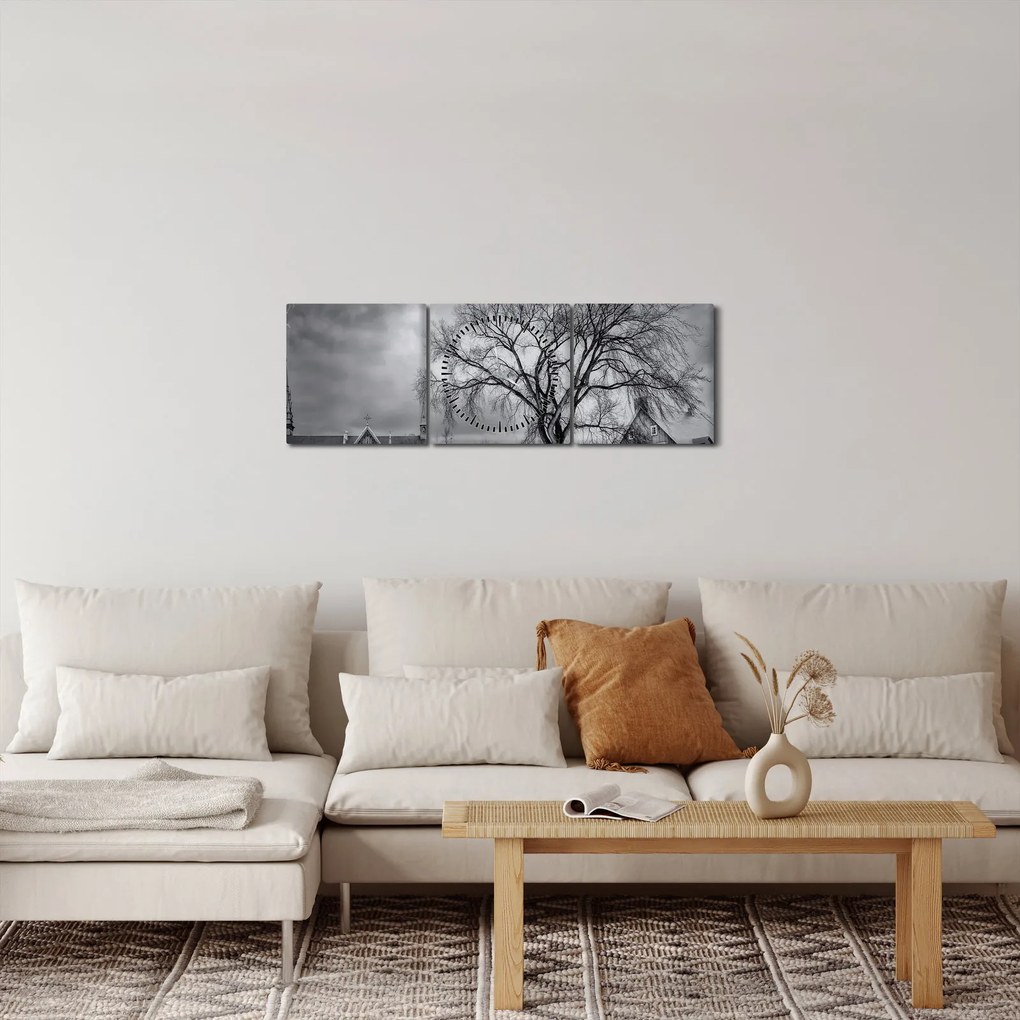 Obraz czarno - białej wioski (z zegarem) (90x30 cm)