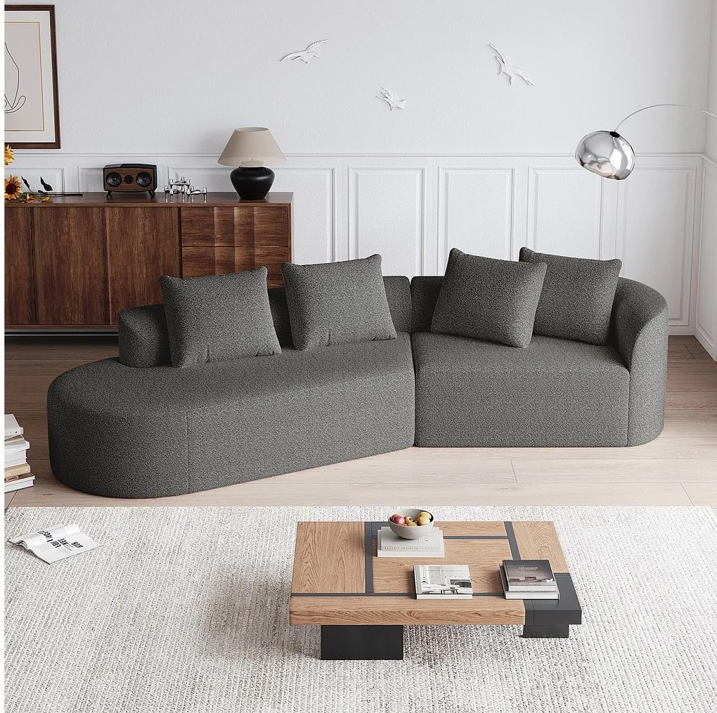 Ciemnoszara sofa narożna - sofa 4-osobowa z 4 poduszkami dekoracyjnymi i oparciem - szenil