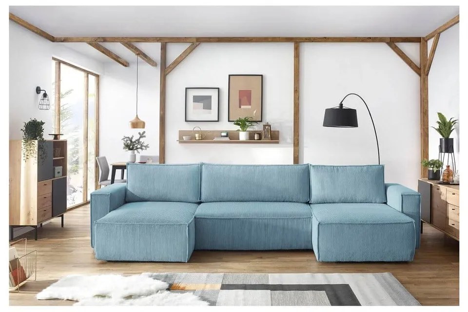 Miętowy sztruksowy rozkładany/ze schowkiem narożnik (w kształcie litery U) Nihad – Bobochic Paris